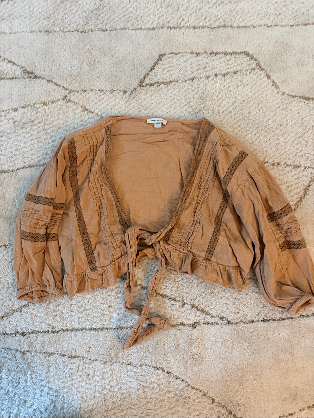 Tan Tie-Front Crochet Trim Cropped Top